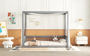 English Elm Twin Canopy Floor Bed Frame With Guardrails - Modern Grey Design For Safe, Imaginative Sleep Spaces W504P143277-GIGA