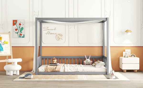 English Elm Twin Canopy Floor Bed Frame With Guardrails - Modern Grey Design For Safe, Imaginative Sleep Spaces W504P143277-GIGA