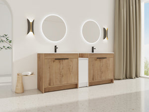 English Elm 84 Inch Freestanding Bathroom Vanity with Integrated Resin Sink, Soft-Close Doors, Shelves & Extra Storage Space Glossy White,Imitative Oak W999S00325