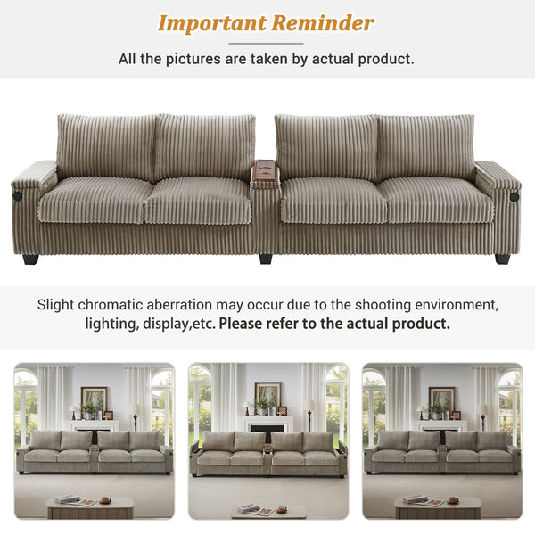 English Elm 4-seater Corduroy Sofa with USB Ports, Flip-Top Cup Holders, Hidden Arm Storage & Ultra-Deep Seats Brown N719S001990D