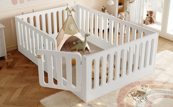 English Elm Twin Solid Pine Montessori Floor Bed with House Frame Door and Safety Fence Light White W5305P420635
