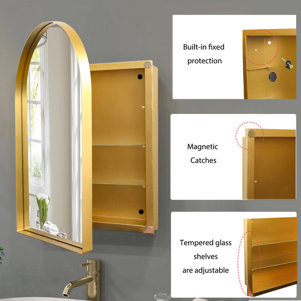 English Elm 24x36 Arched Recessed Medicine Cabinet with Mirror and Adjustable Shelves, Sleek Metal Frame Bathroom Storage Gold W1435P182923