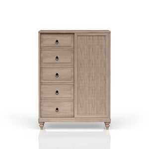English Elm 5 Drawer Chest with Felt Top Drawer, Cedar-Lined Bottom & Custom Hardware in Neutral Finish, Solid Wood Piece Sand 47.25 L x 21.75 W x 59 H B2699P218793