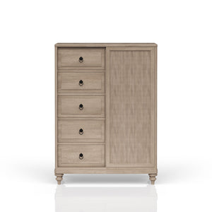 English Elm Queen Sand Canopy Bedroom Set with USB Nightstand, Cedar/Felt Drawers, Metal Accents & Mirror B2699S00058
