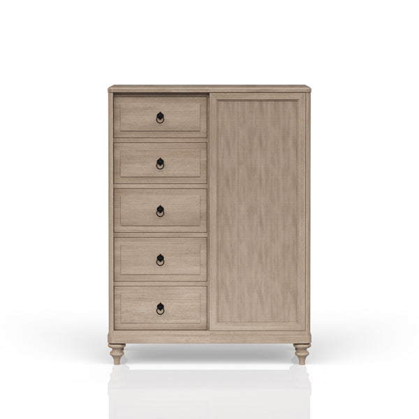 English Elm Queen Sand Canopy Bedroom Set with USB Nightstand, Cedar/Felt Drawers, Metal Accents & Mirror B2699S00058