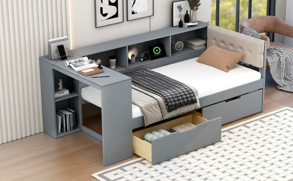 English Elm Wood Twin Size Platform Bed With Storage, Charging Station & Upholstered Headboard - Gray Design GX002107AAE-1-GIGA