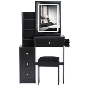English Elm 29.2" Stylish Left Bedside Vanity Table Set With Led Mirror, Power Station & Cushioned Stool For Comfort W936P202471