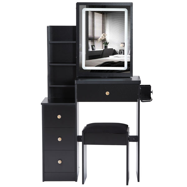 English Elm 29.2" Stylish Left Bedside Vanity Table Set With Led Mirror, Power Station & Cushioned Stool For Comfort W936P202471