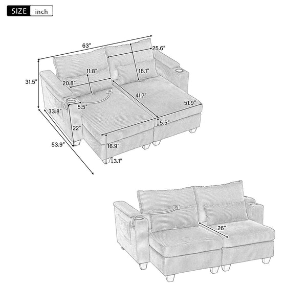 English Elm Convertible Chaise Lounge Sofa Bed With Usb Ports, Cup Holders & Storage - Stylish Grey Sleeper Sofa N719S002020E