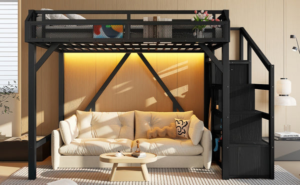 English Elm Twin Metal Loft Bed with Wardrobe Storage Stairs Led Lighting and Usb Ports W1580S00405