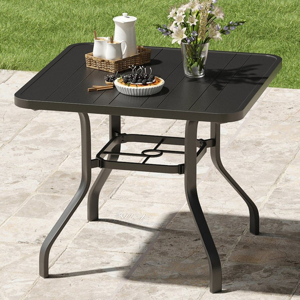 English Elm Patio Square Steel Dining Table Slatted Top Umbrella Ready Seats Four Outdoor T3623P434177