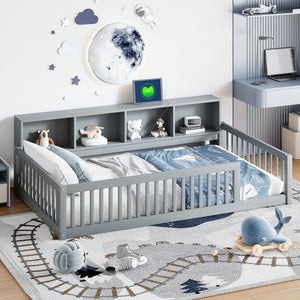 English Elm Wood Twin XL Floor Bed with Built-In Storage Cabinets, USB Charging Ports, Space-Saving Design Gray N709P205811E