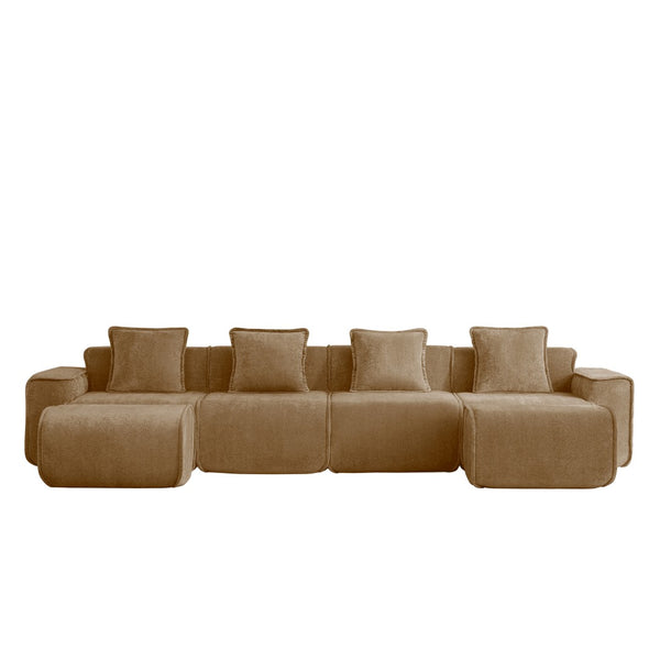 English Elm Streamlined Modular U-shape Sectional Velvet Sofa with Cloud Comfort and Movable Ottomans Brown W3041S00377