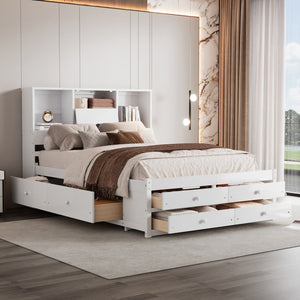 English Elm Queen Platform Bed with Built-In Headboard Storage and 8 Drawers, Solid Wood MDF, Sturdy Design White GX000453AAK