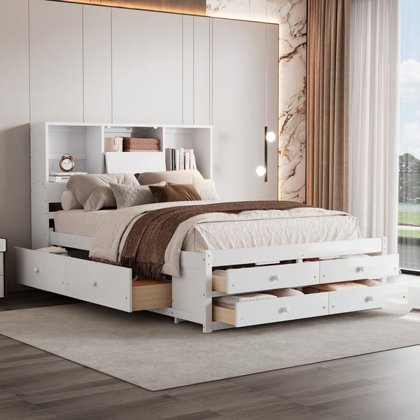 English Elm Queen Platform Bed with Built-In Headboard Storage and 8 Drawers, Solid Wood MDF, Sturdy Design White GX000453AAK