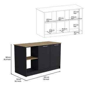 English Elm Kitchen Island With Ample Countertop, Open Shelves & Double Door Storage – Sleek Black & Macadamia B097S00185