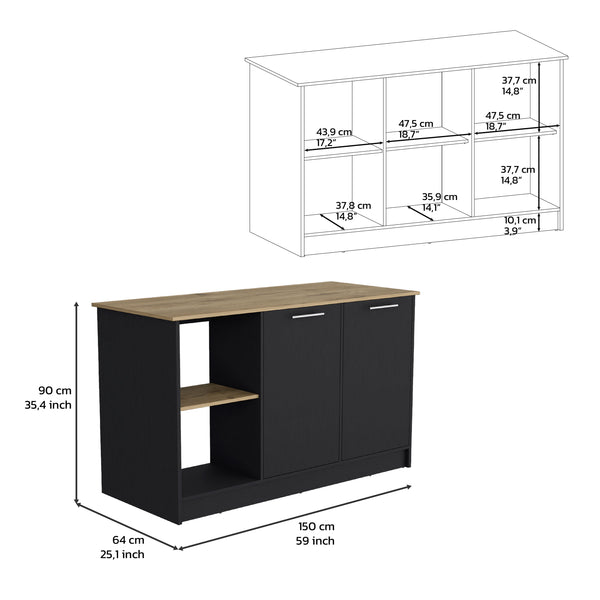 English Elm Kitchen Island With Ample Countertop, Open Shelves & Double Door Storage – Sleek Black & Macadamia B097S00185