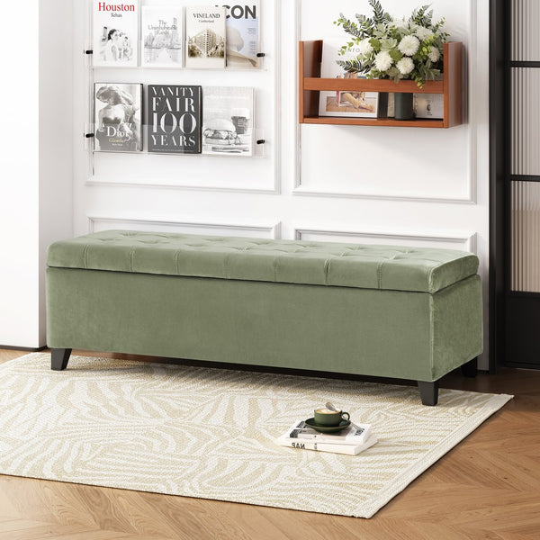 English Elm Christopher Knight Home® - Storage Ottoman with Velvet Upholstery and Birch Legs — 50.5" Rectangular Bench with Hidden Storage, Multiroom Use Pale Green N778P185125P