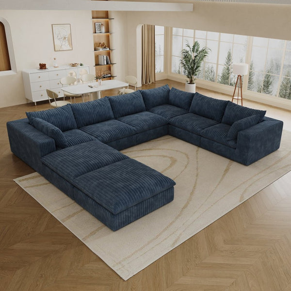 English Elm 157.6" Corduroy Modular Cloud Sofa Feather Fill Deep Lounge Seating for Living Room Blue W2824S00158