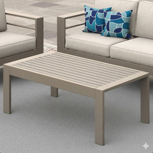 English Elm 43" Outdoor Coffee Table with Wood Grain Top on Powder Coated Iron for Patio Lounging Khaki B082P455113