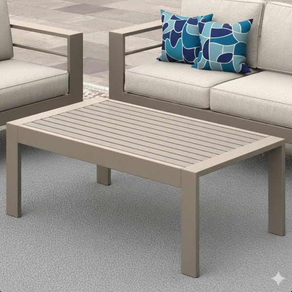 English Elm 43" Outdoor Coffee Table with Wood Grain Top on Powder Coated Iron for Patio Lounging Khaki B082P455113
