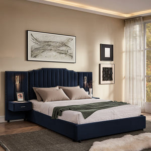 English Elm Queen Velvet Platform Bed with Tufted Headboard Integrated Nightstands and Striped Design Dark Blue W487S00442