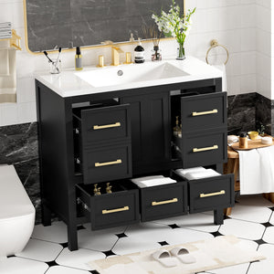 English Elm 36'' Bathroom Vanity with Resin Sink, Solid Wood Frame, 5 Drawers, Soft-Close Doors, Gold Knobs, Spacious Storage Black SW000142AAB-1