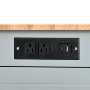 English Elm K&k Rolling Kitchen Island Rubber Wood Top Fluted Cabinet Built-in Charging Station Grey+Blue N707S221571G