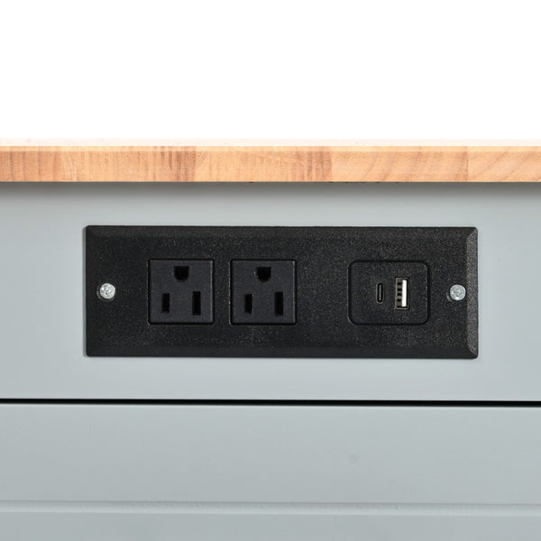English Elm K&k Rolling Kitchen Island Rubber Wood Top Fluted Cabinet Built-in Charging Station Grey+Blue N707S221571G