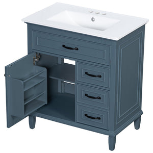English Elm 30 Inch Freestanding Bathroom Vanity Solid Pine Cabinet Ceramic Sink Top Storage Blue Gray N725P412782C