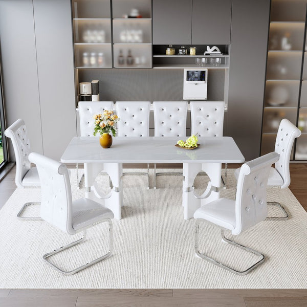 English Elm Modern 9 Piece Glam Dining Set Faux Marble Table Tufted Pvc Chairs Seats Eight W3875S00081