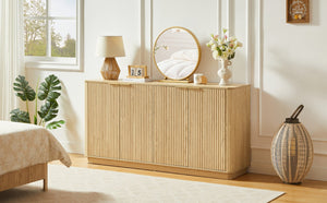 English Elm 63" Wave Front Sideboard with Four Door Storage for Living Room Hallway Bedroom Oak W1820P431360