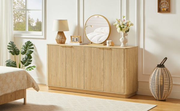 English Elm 63" Wave Front Sideboard with Four Door Storage for Living Room Hallway Bedroom Oak W1820P431360