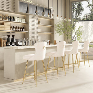 English Elm Bar Stools Set Of 2 In Beige Velvet With Gold Metal Legs, Wing-Back Design For Kitchen & Dining T3623P363044