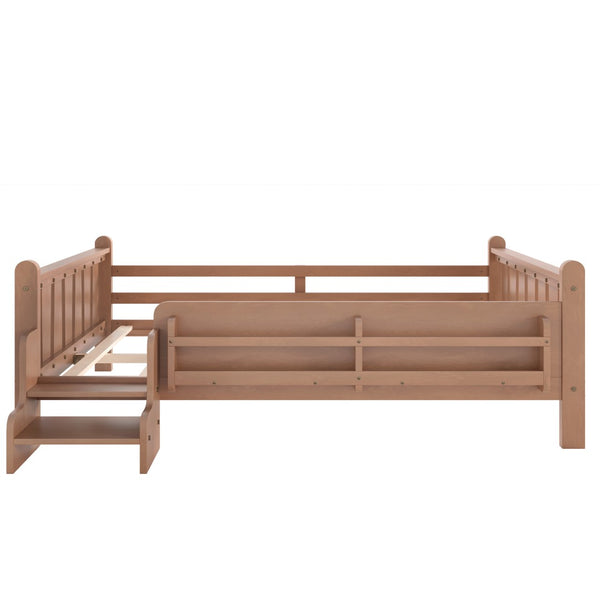 English Elm Twin Pine Floor Bed for Kids with Side Bookcases Built-in Stairs and Safety Guardrails Natural W1580P390225