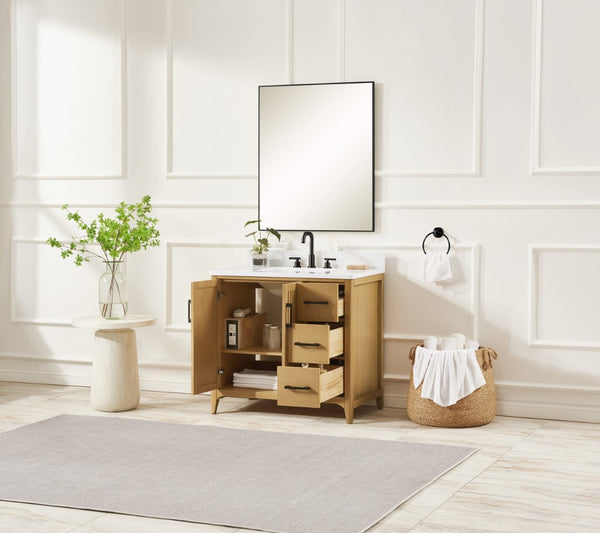English Elm 36 Inch Solid Wood Bathroom Vanity with Built-in Power Station and Soft-close Drawers W2316P380508