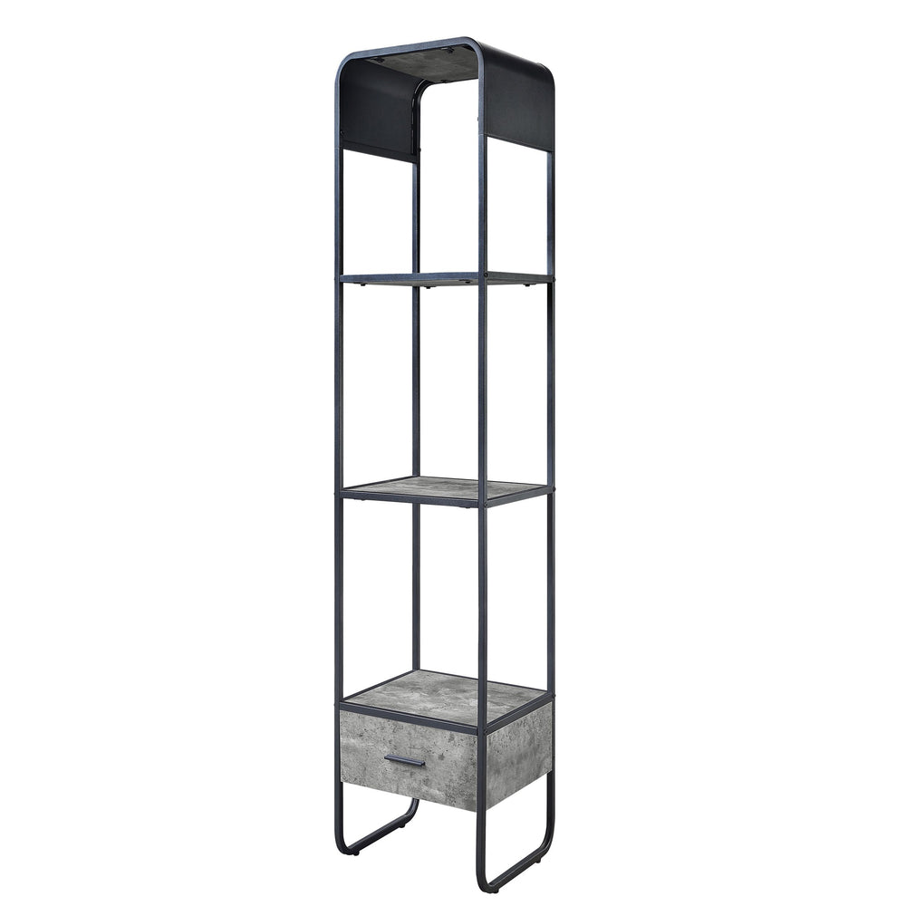 English Elm Concrete Grey Modern 2-Shelf Side Pier with Drawer and Metal Frame, 66.5" Tall Accent Storage Tower B062P186549