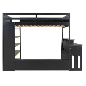 English Elm Full Size Wood Loft Bed with Rgb Lighting Desk and Multi-tier Shelves for Gaming Green LT000374AAG