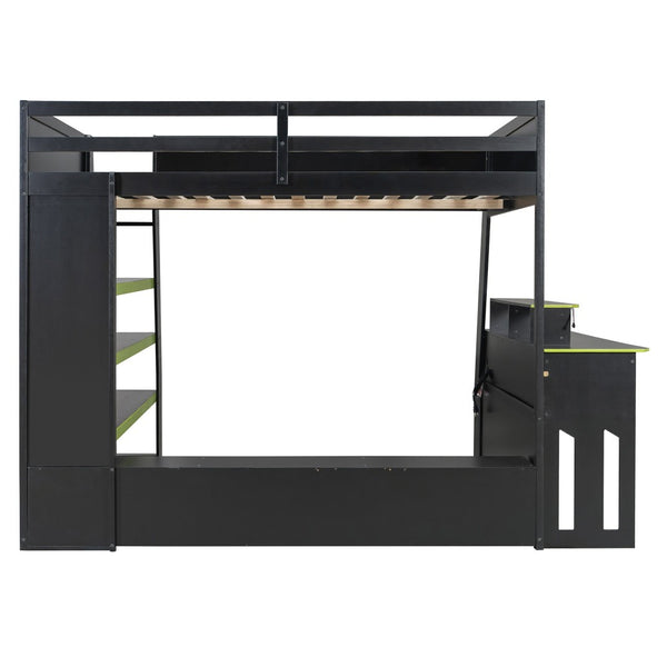 English Elm Full Size Wood Loft Bed with Rgb Lighting Desk and Multi-tier Shelves for Gaming Green LT000374AAG