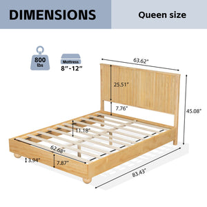 English Elm Christopher Knight Home® - Natural Queen Size Wood Bed Frame with Slatted Headboard, Rattan Breathable Design & Sturdy Metal Base N758Q640607N