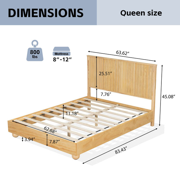 English Elm Christopher Knight Home® - Natural Queen Size Wood Bed Frame with Slatted Headboard, Rattan Breathable Design & Sturdy Metal Base N758Q640607N