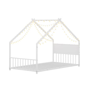 English Elm Twin House Shaped Metal Bed Frame with Led Lights and Wood Slats for Kids W1820P356049