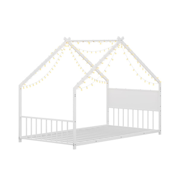 English Elm Twin House Shaped Metal Bed Frame with Led Lights and Wood Slats for Kids W1820P356049