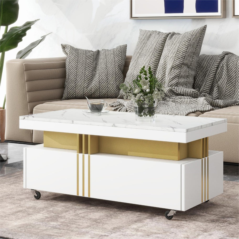English Elm Faux Marble Rectangular Coffee Table with Gold Bars Drawers and Caster Wheels White WF305961AAK