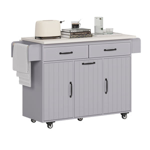English Elm K&K Kitchen Island with Tilt-Out Trash Can, Drop Leaf Counter, Adjustable Shelf, Rolling Cart Grey WF326381AAG
