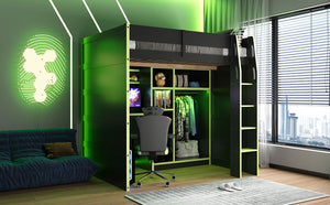English Elm Full Size Loft Bed with Rgb Lighting Desk Open Wardrobe and Storage for Gaming Rooms Green LT000277AAG