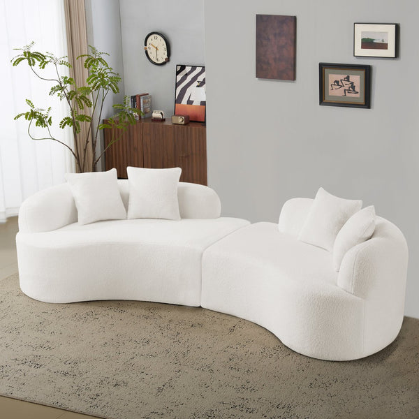 English Elm Curved Four-Seater Teddy Velvet Sofa with Full-Compression Sponge and Spring Support, No-Assembly, Compact White W3612S00001