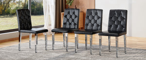 English Elm 4-pack black PU dining chairs with ergonomic buckle backrest, high-density sponge seats, sleek silver legs — low-key luxury, easy-assemble comfort W1512P410684