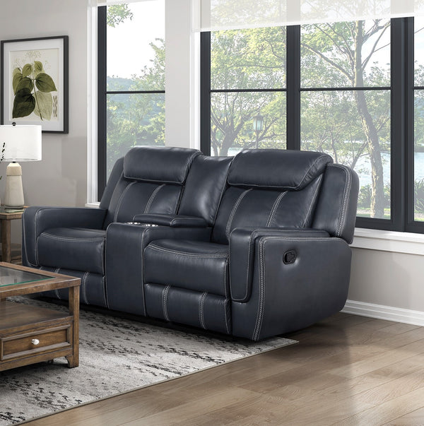 English Elm Modern Blue Dual Reclining Loveseat with Center Console, USB Ports, Hidden Storage, Breathable Faux Leather 75.5" B011P228163