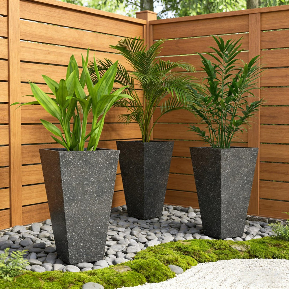 English Elm Set of 3 Tall Square Faux Marble Column Planters for Patio Entryway or Balcony Black T3971P440168